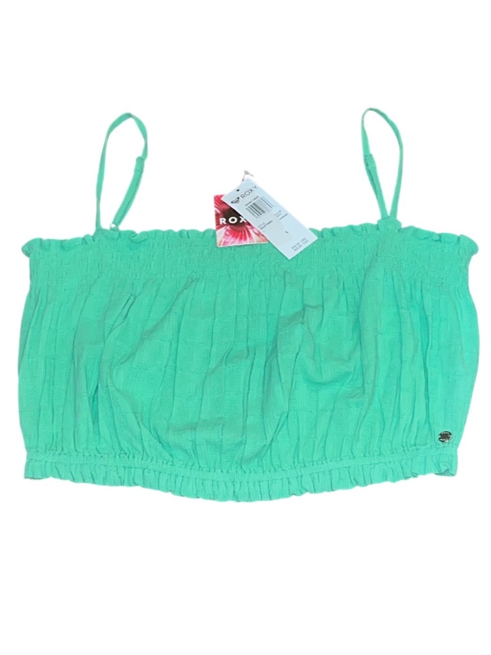 Roxy Green Stretch Tank Crop Adjustable Straps Smocked NWT Large Bikini Vibes